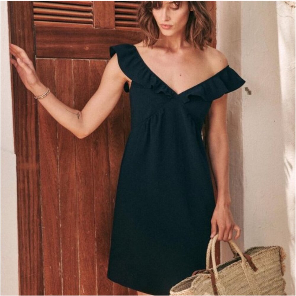 Sézane Olymea ruffle top dress in navy blue 36/S